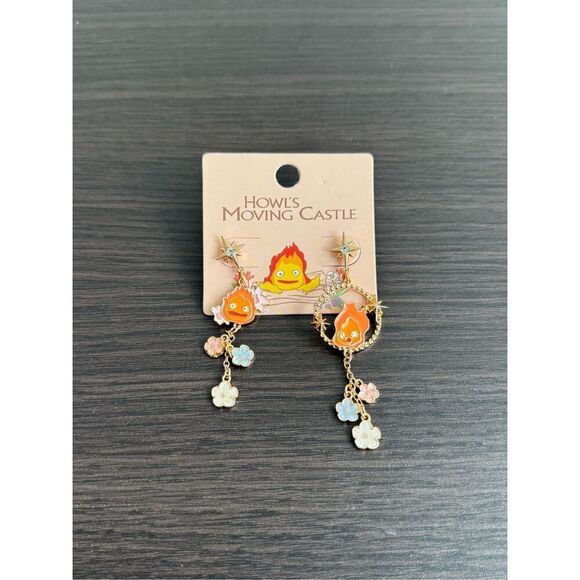 Studio Ghibli Howl's Moving Castle Calcifer Floral Mismatched Earrings